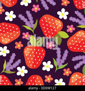 Beeren nahtloses Muster mit Erdbeeren und Blumen in flachem Design. Einfache Vektordarstellung. Stock Vektor