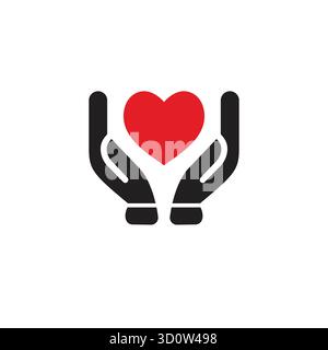 Schwarze isolierte Umrissfigur des Herzens in den Händen auf weißem Hintergrund. Das Symbol der Linie von Herz und Händen. Symbol der Sorgfalt, Liebe, Wohltätigkeit. Illustration der Nächstenliebe Stock Vektor