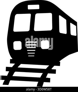 Schwarze Silhouette eines Zuges auf Eisenbahngleisen, abgewinkelte Vorderansicht Stock Vektor