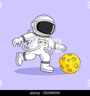 Netter Astronaut Kick Moon Ball Fußball im Raum Vektor Illustration Cartoon Design Stock Vektor