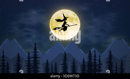Halloween Spooky Night mit fliegenden Hexenszene Stockfoto