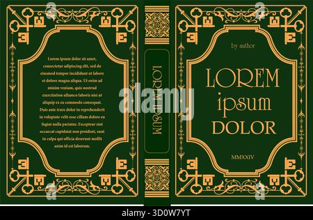 Grün-goldenes Buchumschlagdesign mit kunstvollen Rahmen, Schlüsseln und dekorativen Elementen, die ein Gefühl von Vintage-Eleganz und Geheimnissen wecken Stock Vektor