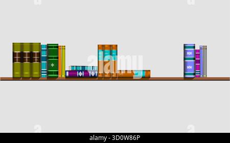 Illustration mit einem langen Holzregal voller farbenfroher Bücher, einige stehen aufrecht, andere liegen Stock Vektor