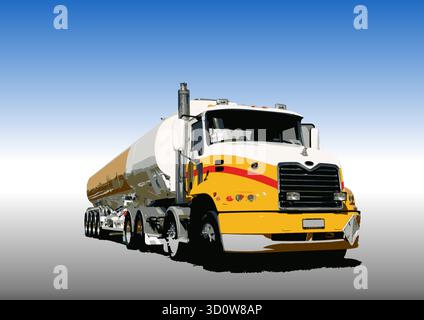 Abbildung eines großen gelb-weißen Sattelkippers, der auf einem grauen Gefälle geparkt wird Stock Vektor