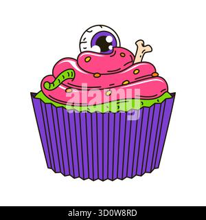 Grooviger Halloween Cupcake mit leuchtendem rosa Schleim Stock Vektor