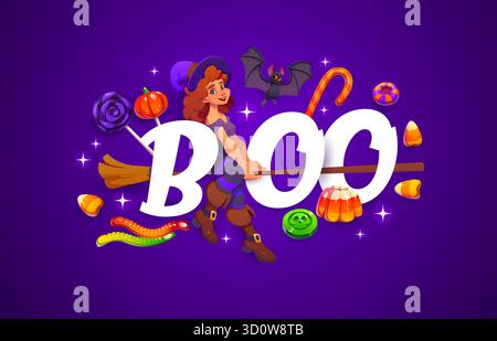 Halloween-Grußkarte, Buh-Zitat, Hexe auf Besen Stock Vektor