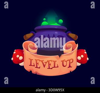 Halloween Level Up Rang, Spielabzeichen von Kessel Stock Vektor
