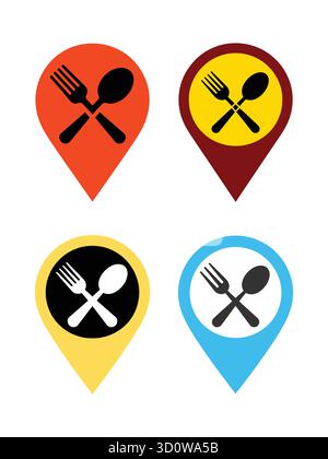 Restaurant und Food Court Lage Pin Ikonen, farbenfrohe Vektor-Set. Stock Vektor