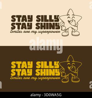 Lächelnder Cartoonstar mit Vintage-Schriftzug in Braun- und Gelbtönen für lustige und aufbauende Grafiken Stock Vektor
