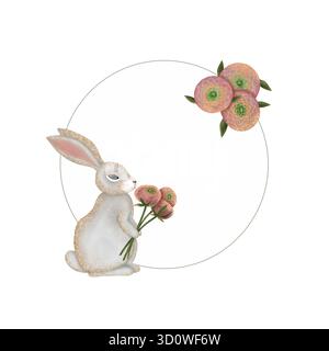 Aquarellpinkfarbener Ranunkelkranz. Blumen, Hase mit Blumenstrauß isoliert auf weiß. Stockfoto