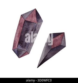 Aquarellamethystkristalle. Zwei Amethyst-Kristalle in Rosa- und Violetttönen isoliert auf weiß. Stockfoto