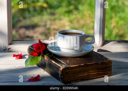 Keramik, weiße Tasse Kaffee, rote Rose und altes Buch auf dem Tisch vor dem Fenster mit Blick auf den Sommergarten, Nahaufnahme Stockfoto