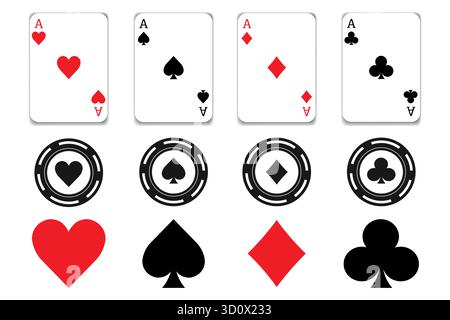 Zahlkarten vier Asse Satz Pik, Herz, Diamanten und Schläger. Pokerkarten Anzüge. Traditionelle Formen und authentische Farben. Vektorabbildung Stock Vektor