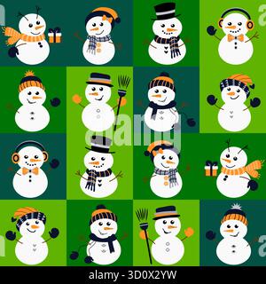 Nahtloses Vektor-Muster mit niedlichen Schneemännern in Hüten und Schals in grünen und orangen Farben. Perfekt für Winterdesign, Geschenkpapier und Textilien. Stock Vektor