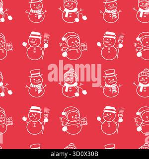 Nahtloses Vektor-Muster mit niedlichen linearen Schneemännern im weißen Umriss auf rotem Hintergrund. Perfekt für Weihnachtsdesign, Geschenkpapier, Grußkarten. Stock Vektor