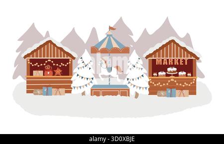 Winter-Vergnügungspark, Weihnachtsmarkt, Winterszene. Weihnachtsmarkt, Karussell mit Pferden, Marktstände, Festzelte, Weihnachtsbaum. Handgezeichnete flache Abbildung. Komposition mit Winterszene Stock Vektor