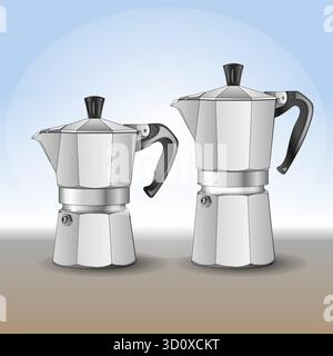 Italienische Aluminium Mokka Kaffeemaschine, zwei Größen, Vektor Illustration Stock Vektor