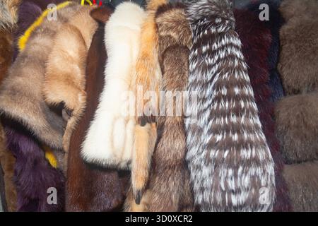 Wintermäntel hängen an Kleiderbügeln, Nahaufnahme. Stockfoto