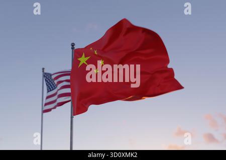 Flaggen Chinas und der Vereinigten Staaten, die im Wind gegen Einen blauen Himmel winken, repräsentieren Diplomatie, Globale Partnerschaft und Internationale Beziehungen BE Stockfoto