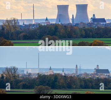 Gundremmingen, Deutschland. Oktober 2025. KOMBO - die Kombination der Bilder von 24.10.2025 (oben) und 25.10.2025 (unten) zeigt die Silhouette der Stadt Lauingen an der Donau. Nach dem Abriss der beiden Kühltürme des stillgelegten Kernkraftwerks Gundremmingen fehlt ein markantes Wahrzeichen im Donautal. Quelle: Stefan Puchner/dpa/Alamy Live News Stockfoto