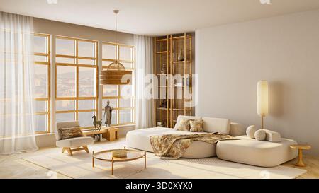 Japandi-Weitwinkel-Innenraum mit gemütlichen Holzmöbeln, warmem Tageslicht und elegantem Negativbereich, perfekt für Text, Kopie oder Poster. 3D i Stockfoto
