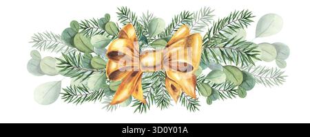 Weihnachtsbaumgirlanden mit immergrünen Tannenzweigen, Satinschleife mit. Festliche Grenzen und Trennwände für Weihnachtsfeiertage. Handgezeichnet Stockfoto