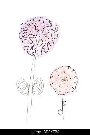 Abstrakte Aquarellkunst von Pflanzen mit hirnförmigen Blumenköpfen in Pastellfarben auf schwarzem Hintergrund. Stockfoto