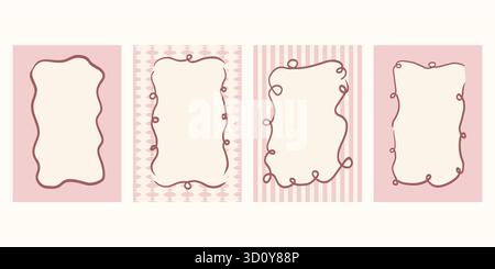 Skurriler Rahmen aus runden und ovalen dekorativen Rändern, gezeichnet mit eleganten Bändern und Schleifen. Perfekte Vektorumrisse für Retro-Hochzeitseinladungen oder Stock Vektor