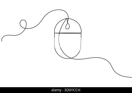 Computermaus durchgehende einzeilige Zeichnung und minimalistischer Stil isolieren Konturvektorillustration Stock Vektor