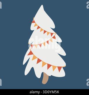 Vektor-flache Illustration eines Weihnachtsbaums im Retro-Stil. Vintage-Silhouette eines weißen Baumes mit einer Papiergirlande auf dunkelblauem Hintergrund. Dekorativer, vereinfachter Silvesterbaum Stock Vektor