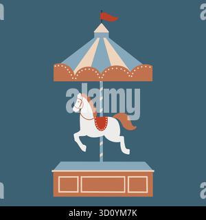 Vektor-flache Illustration eines Retro-Karussells mit einem Pferd isoliert auf einem dunkelblauen Hintergrund. Symbol des Neujahrs 2026. Symbol einer Messe, eines Festivals oder eines Vergnügungsparks Stock Vektor