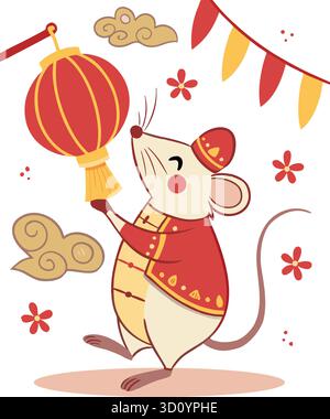 Niedliche Chinesische Neujahrsratte Mit Roter Laterne Illustration Stock Vektor