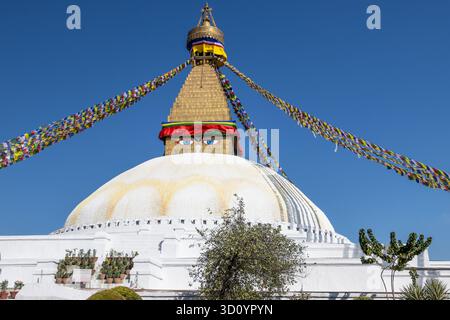 Boudha Stupa, die größte Stupa in Nepal, buddhistischer religiöser Komplex, UNESCO-Weltkulturerbe und eine der Touristenattraktionen im Kathmandu-Tal Stockfoto