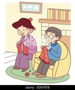 Niedliches Älteres Paar, Das Zusammen Strickt Illustration Stock Vektor