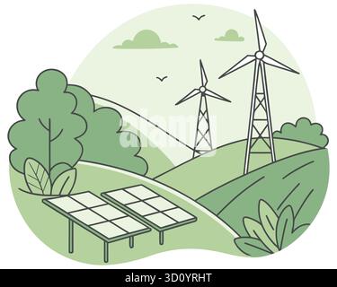Grüne Energie Landschaft Monoline Illustration mit Solarpaneelen und Windturbinen Stock Vektor