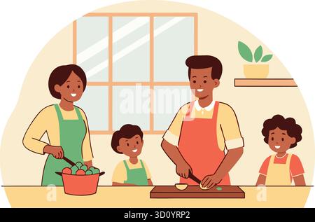 Happy African American Family Cooking Together in Kitchen Illustration Stock Vektor