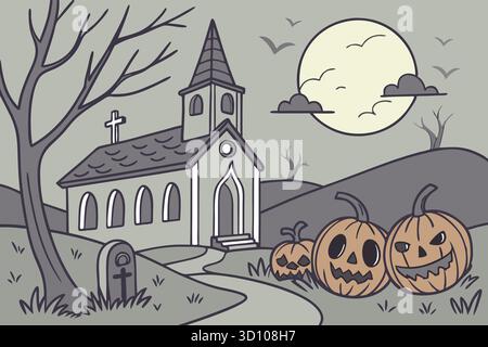 Gruselige Halloween-Szene mit Kürbissen und Haunted Church Stock Vektor