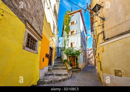 Farbenfrohe, enge Kopfsteinpflasterstraßen in einem hügeligen Viertel in der Altstadt von Piran, Slowenien, auf der istrischen Halbinsel. Stockfoto