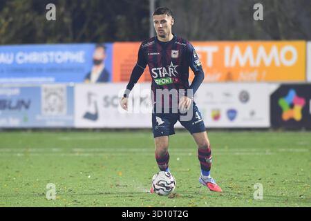 Lüttich, Belgien. Oktober 2025. Lüttich Jordan Bustin in Aktion während eines Fußballspiels zwischen RFC Lüttich und RWDM Brüssel am Samstag, den 25. Oktober 2025 in Lüttich, am 11. Tag der zweiten Liga der Challenger Pro League 2025-2026 1B der belgischen Meisterschaft. BELGA FOTO JILL DELSAUX Credit: Belga News Agency/Alamy Live News Stockfoto