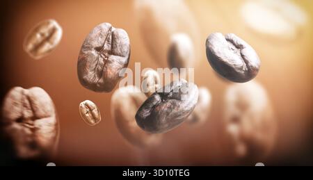 Kaffeebohnen fallen aus der Nähe, 3D-Rendering Stockfoto