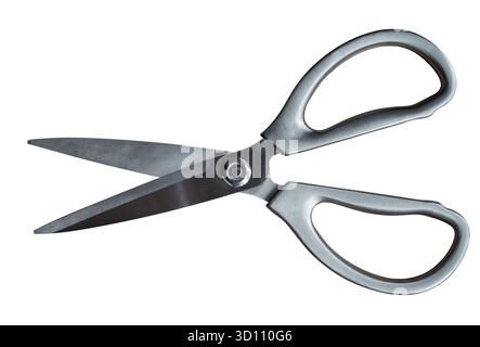 Isoliertes Paar Edelstahlschere auf weißem Hintergrund Stockfoto