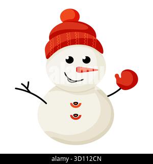 Vektor-Illustration eines niedlichen lächelnden Schneemanns im roten Hut und Fäustling, perfekt für Weihnachten, Neujahr und Feiertagsdesign. Vollständig bearbeitbar, EPS-Format. Stock Vektor