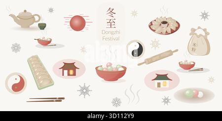 Symbole zur warmen Wintersonnenwende gesetzt. Dongzhi-Feiertagssymbole in flachem, minimalistischem Stil. Chinesische Vektor-Illustration für soziale Medien, Grußkarten, Menü Stock Vektor