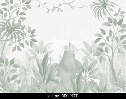 Aquarell Waldbild | Wald Tiere und Bäume Illustration in weichen natürlichen Tönen Stockfoto