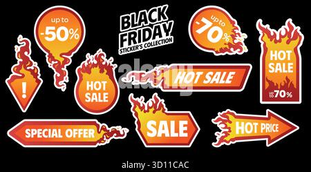Set mit Black Friday Hot Sale Stickern. Sonderpreis Flaming Badges. Bietet Rabattsymbole Stock Vektor
