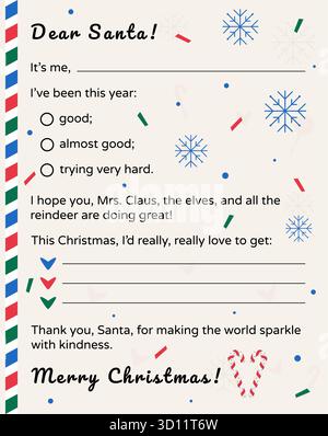 Retro-Weihnachtsbrief an den Weihnachtsmann. Kinderpostkarte mit Wunschzettel. Vektorschablone im Vintage-Stil mit dekorativen Elementen - Schneeflocken, Süßigkeiten usw. Stock Vektor