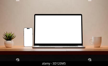 Laptop und Mobiltelefon mit leerem Bildschirm für responsives Webdesign und Website-Mockup. Digitale Geräte über einem hölzernen Schreibtisch im Büro. Stockfoto