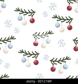 Nahtloses Weihnachtsmuster mit Tannenzweigen und Kugeln Stock Vektor