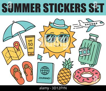 Sommer-Aufkleber-Set. Tropischer Urlaub, Strandurlaub mit Flugzeug, Gepäck, Sonnencreme und Reiseelementen. Moderne Zeichentrickvektor-Illustration. Stock Vektor