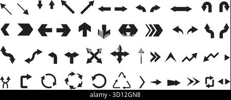 Symbolgruppe mit Pfeilen und Glyphen. Schwarzes Schild, Silhouette Illustration. Stock Vektor